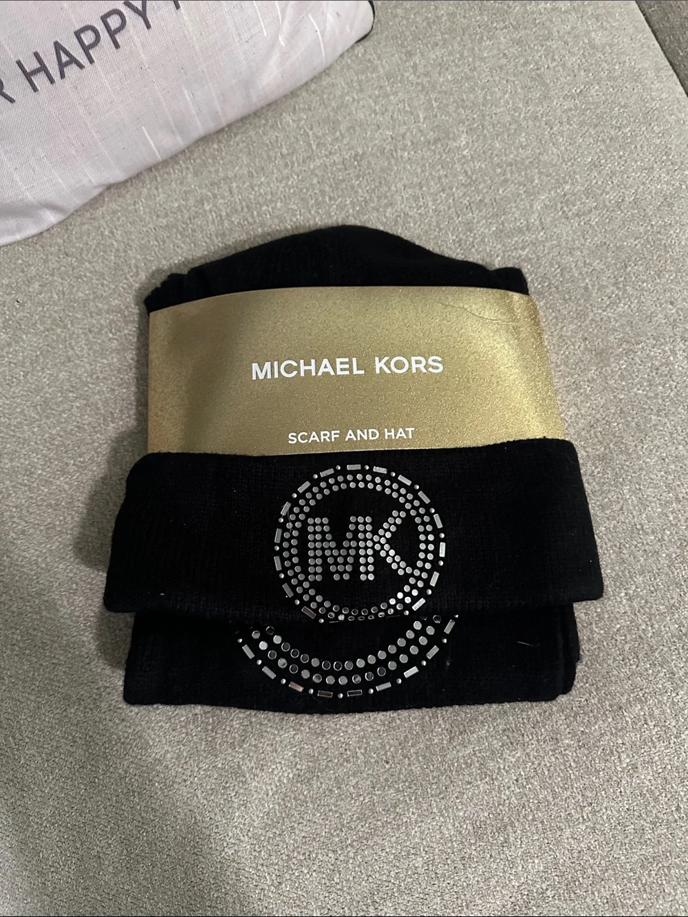 Michael Kors Black Scarf and Hat Set with Silver MK Crystal Logo
